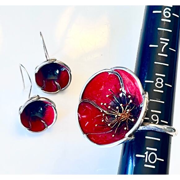 Red Poppy Flower RING & EARRINGS Set 925 Sterling Silver Adjustable Size - Picture 7 of 14